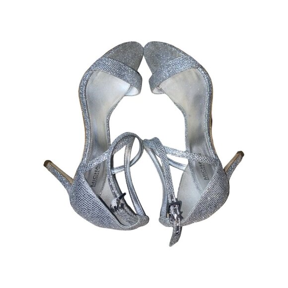MICHAEL KORS AVA Mid Heel Strappy Sandal SILVER Glitter Evening Size 7.5 - Picture 9 of 16